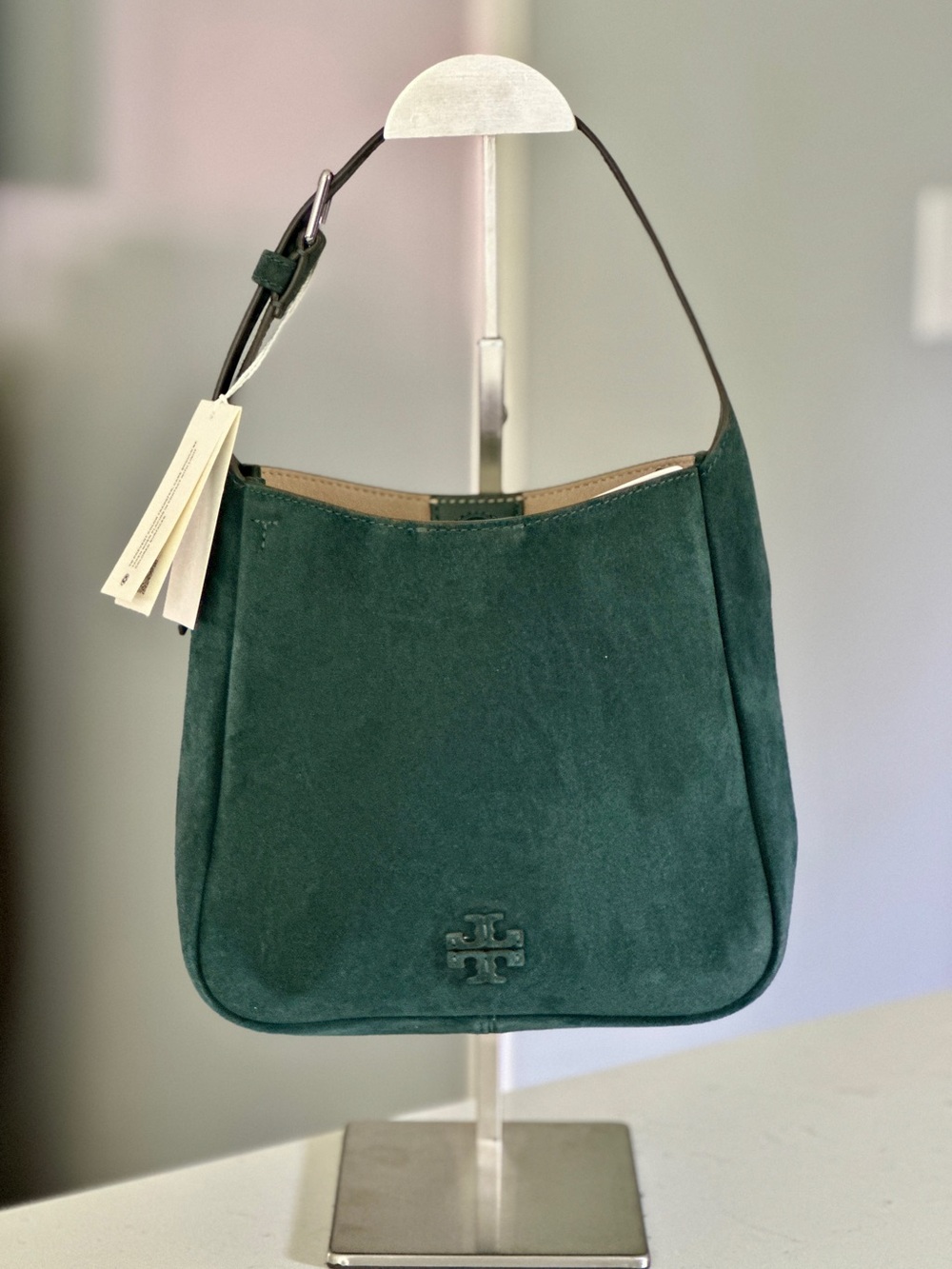 Tory Burch Thea Small Slouchy Shoulder Bag in warm teal suede